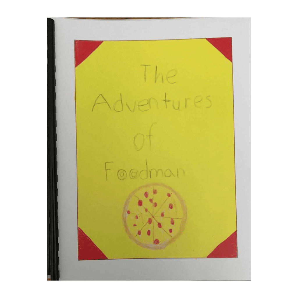 Hand-drawn book cover with pizza illustration.