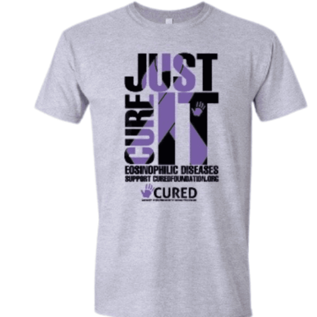 Gray t-shirt with "Just Cure It" design.