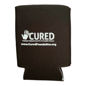 CURED foundation koozie with website information.