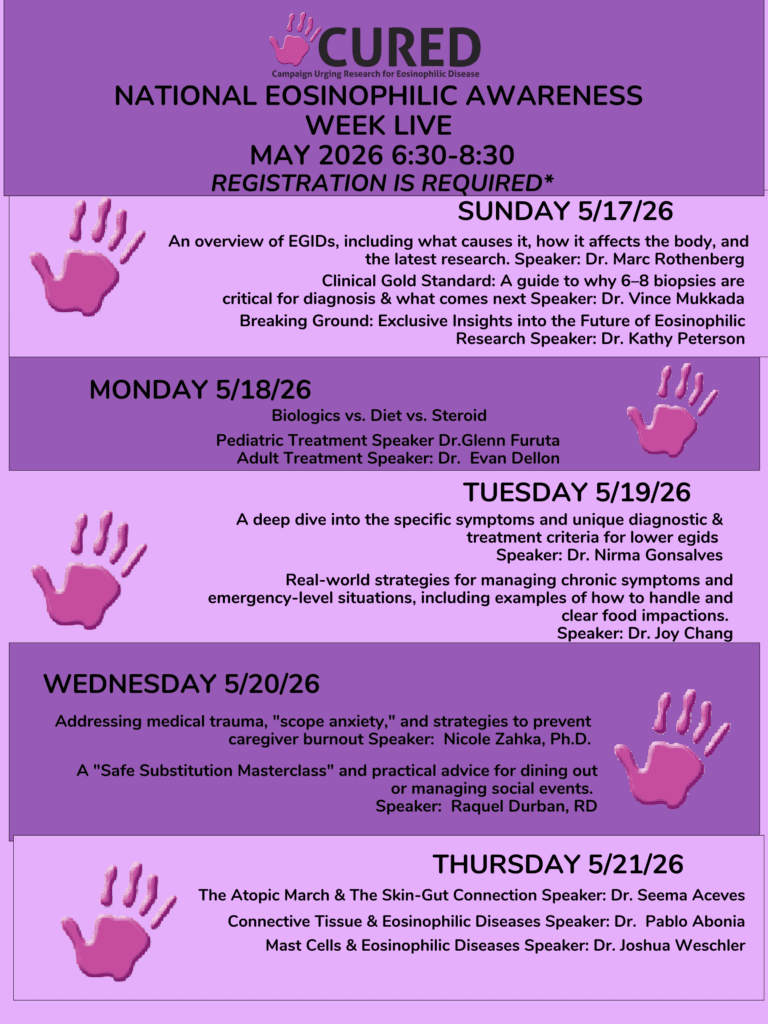 Purple event schedule for Eosinophilic Awareness Week.